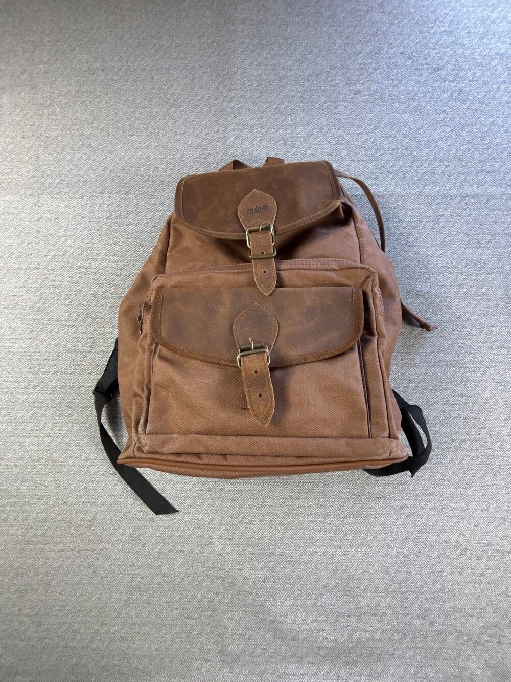 Vintage Trager Made In USA Backpack Leather Trimmed Brown Rugged Bag Outdoor